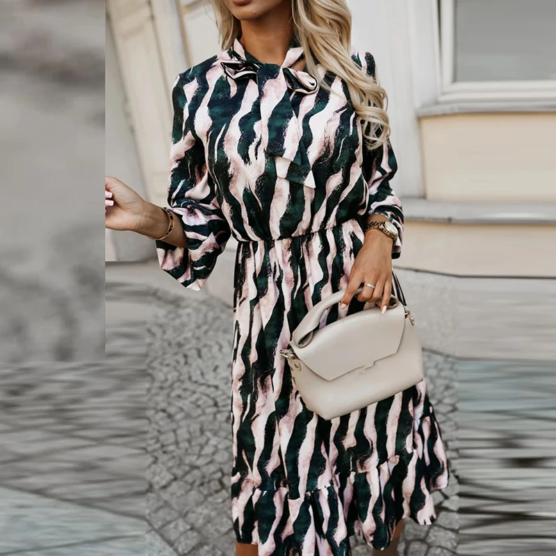 Fall Vintage Striped Printed Long Sleeved Women Dress 2024 Fashion Party Dress Elegant Half Open Collar Lace Up Commuting Dress