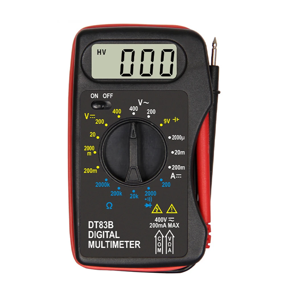 DT83B Portable Digital Multimeter Handheld Voltmeter Ohm & Battery Test Stand With Built-in Low Voltage And Overload Protection