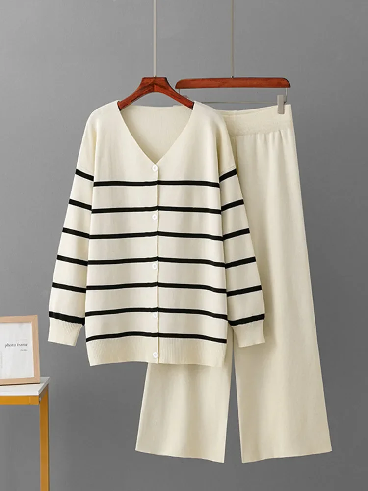 

Женский вязаный полосатый свитер с v-образным вырезом, пуловеры, топы Conjuntos, однотонные спортивные штаны с высокой талией, осенне-зимний вязаный комплект из 2 предметов