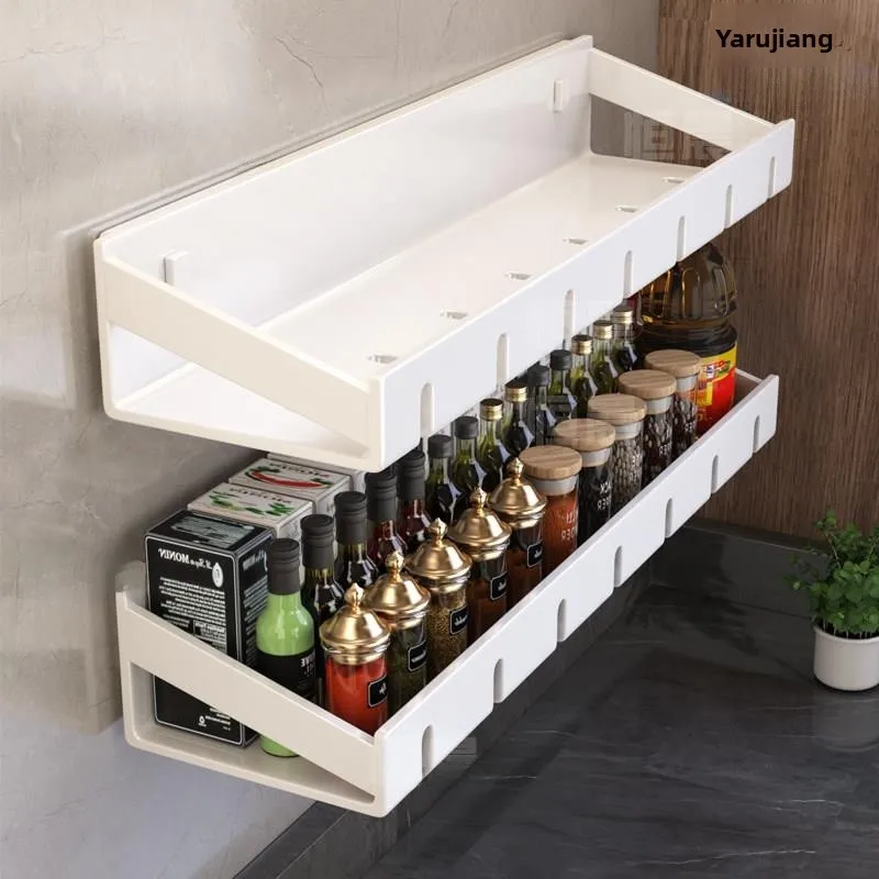 White Kitchen Storage Rack No Drilling Wall Mounted Spice Jar Holder Multi Functional Storage for Home Cooking Utensils
