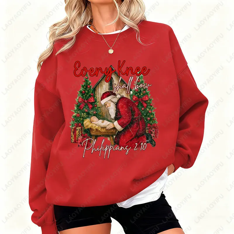 عيد الميلاد كل الركبة يجب أن يكون القوس البلوز مشهد المهد Crewneck البلوفرات الدينية عيد الميلاد Preppy الكتاب المقدس الآية سانتا هوديي #5