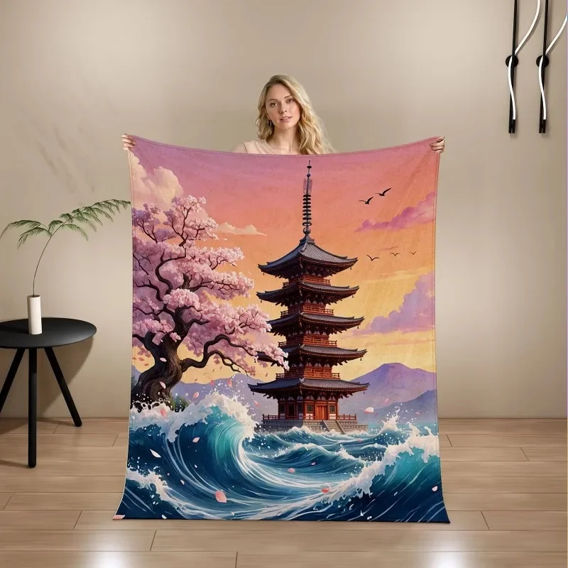 Pagoda Cherry Blossom Ink Landscape Swan Rose Flannel Throw Blanket Oriental Art Print Soft Warm Air Condition Sofa Blanket