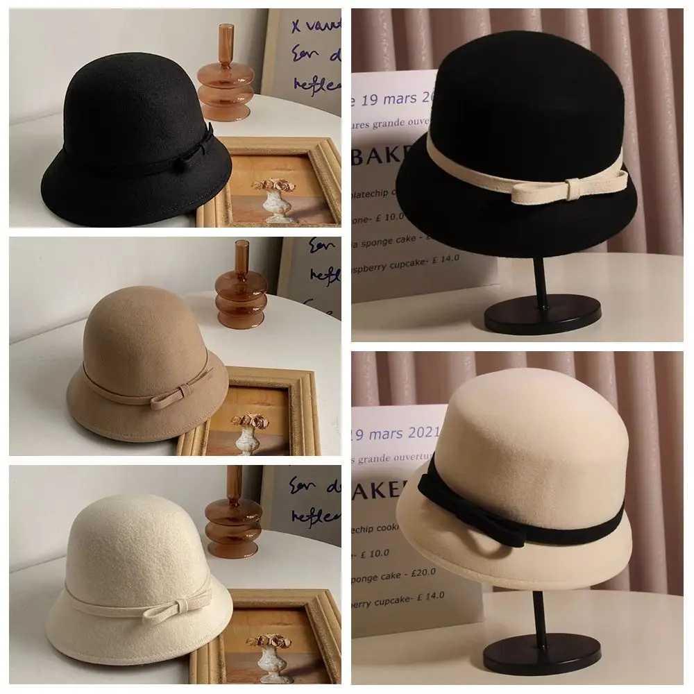 Retro Hepburnesque Felt Formal Hat Wealthy Heiress Style Panama Cap Bowknot Bucket Hat British Style Travel