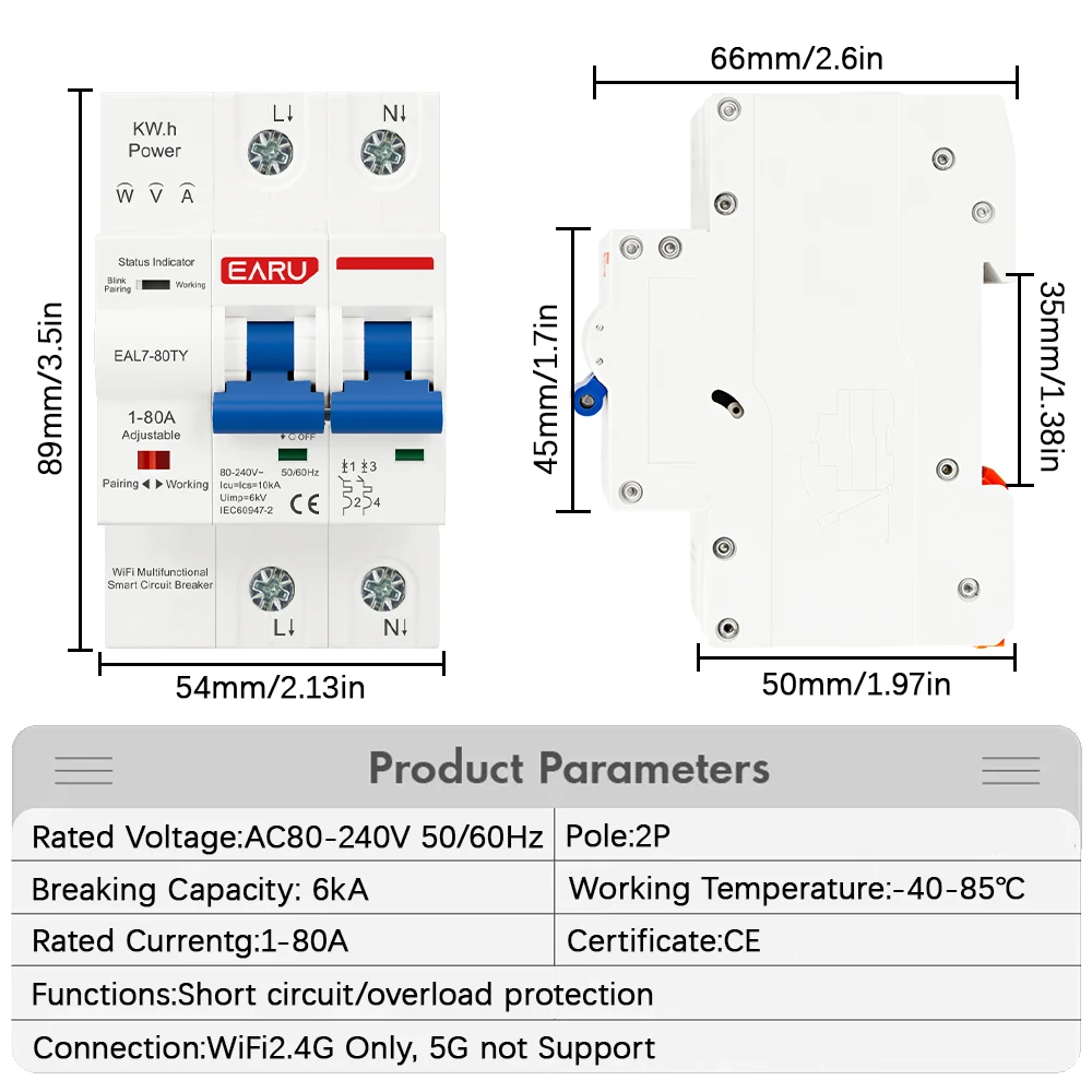 Tuya WiFi Smart Circuit Breaker MCB 80A AC 230V Over/Under-Voltage Protection Short-Circuit/Overload Protection Energy Metering