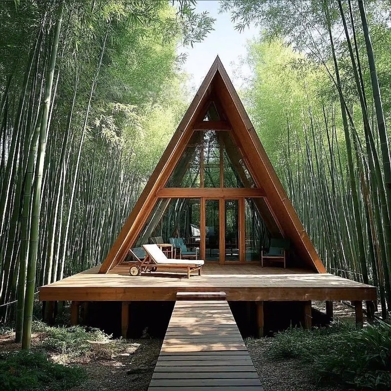 Wood AFrame Chalet Prefabricated Cottage Triangular WoodBuilding Lakefront Retreat Custom Holiday Cabin Rental Eco Resort Design