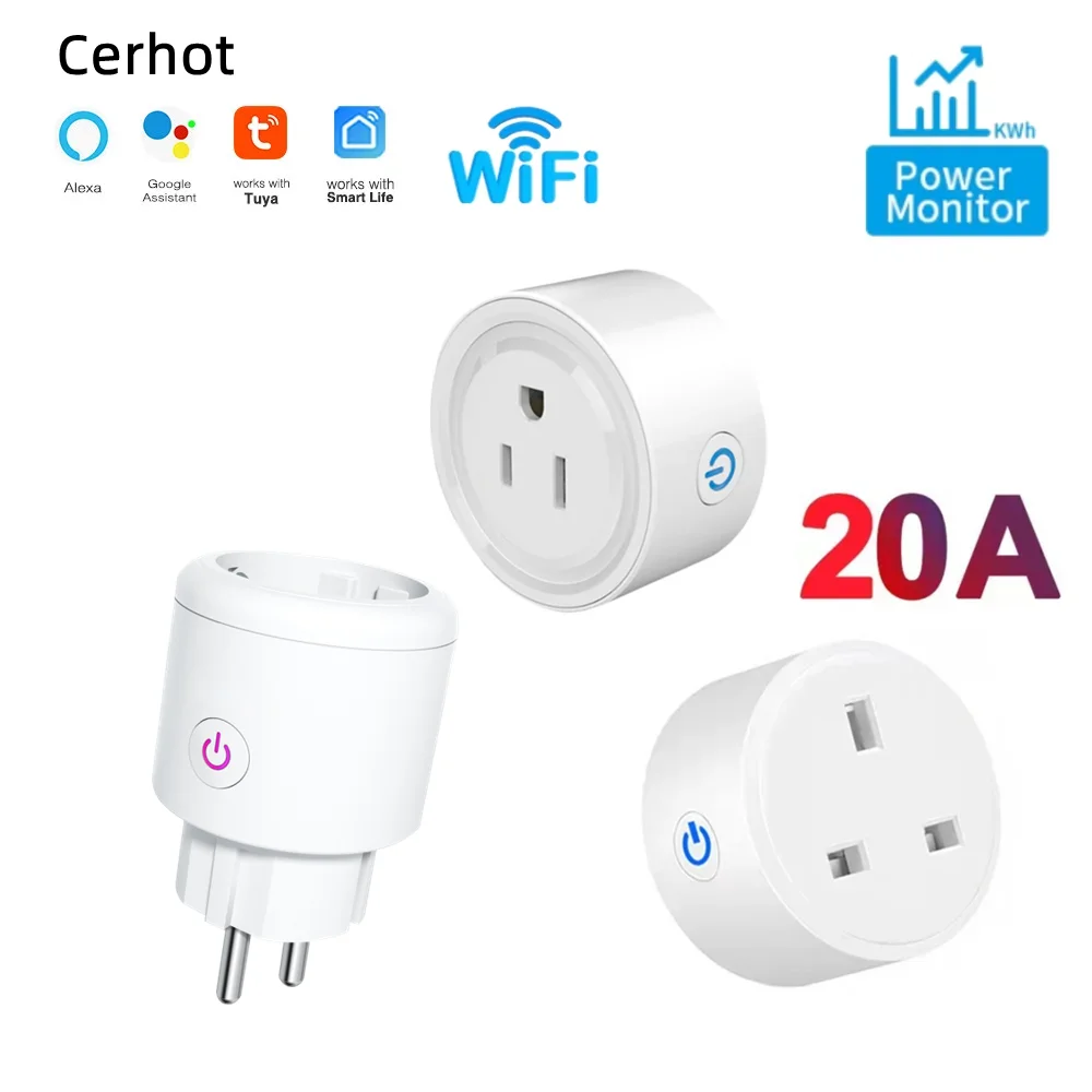 20A Tuya Smart Socket WiFi UK/EU/US Plug Adapter Home Alexa Voice Control With Energy Monitering Timer Function Power Outlet Set