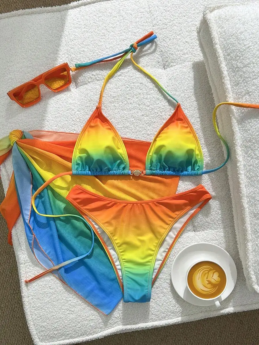 

Womens Rainbow Gradient Triangle Bikini Set With Shell Decor And Tie Waist Skirt
