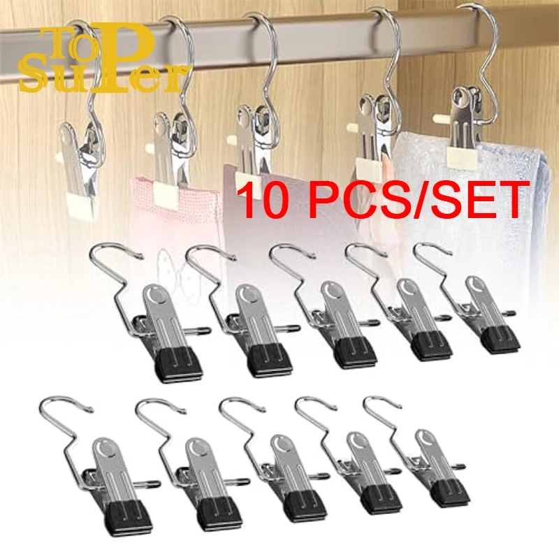 10pcs Premium Stainless Steel Clothespins with Hook Laundry Clothes Pegs for Hanging Clothes Pants Hanger Tongs Clip Hook Clip