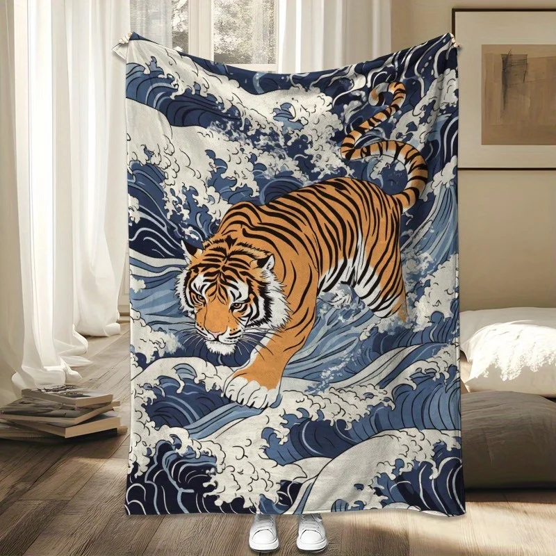 1pc Japanese Tiger Stepping on Waves Blanket - Navy Blue & Orange Ocean Art Print, All-Season Indoor/Outdoor Throw for Home