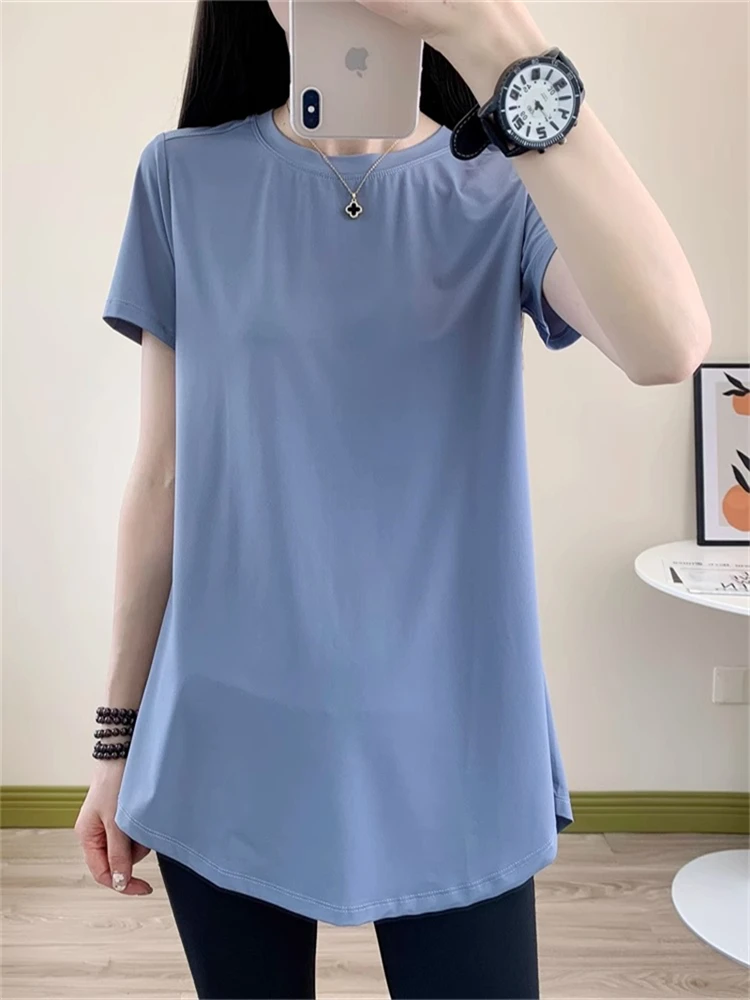 

Qui Dry Yoga Спортивная женская футболка Thin ort Sve Fitn Одежда для улицы большого размера Street Sle Свободный крой Лето