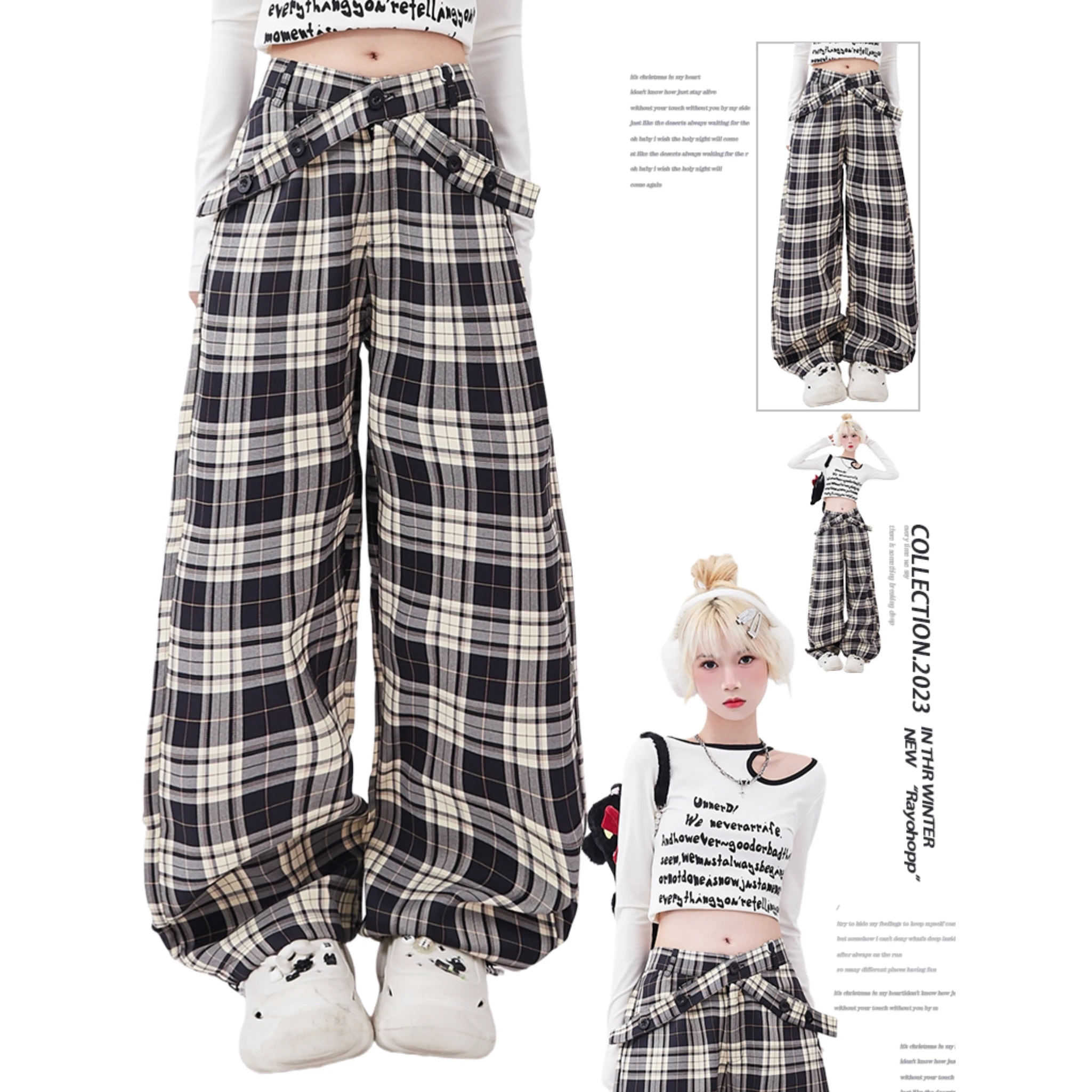 Dophee Black and White Check Cargo Pants for Women Vintage Dopamine Loose Straight Pants High Waist Spice Girls Y2K Dance Pants