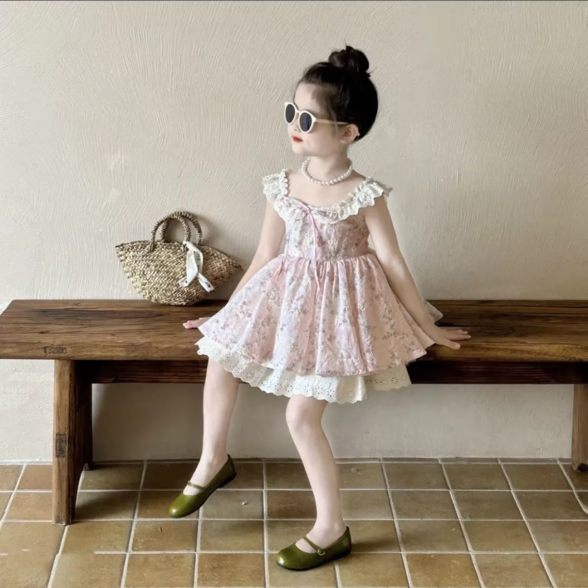 Girls Floral Print Puffy Sleeve Dress Summer 2026 New Sweet Princess Skirt Children's Clothing Ethnic Style Kids' Dresses