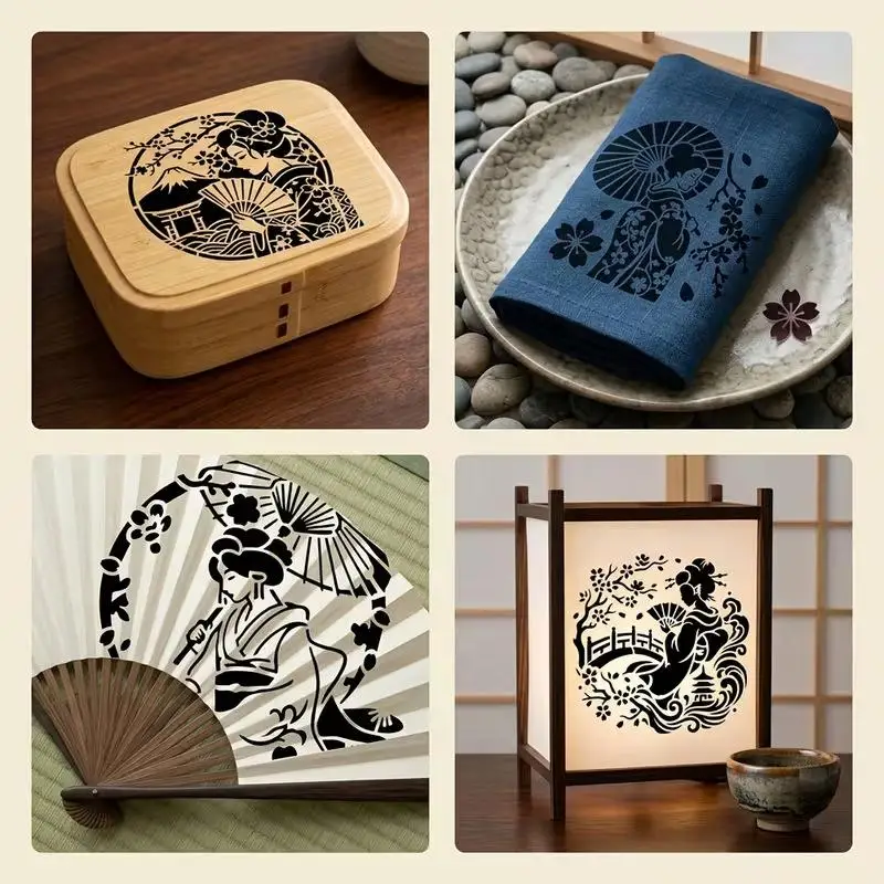 4Pcs Reusable Art Painting Stencils Geisha Cherry Blossom Mount Fuji Japanese Patterns for Furniture Renovation Decor