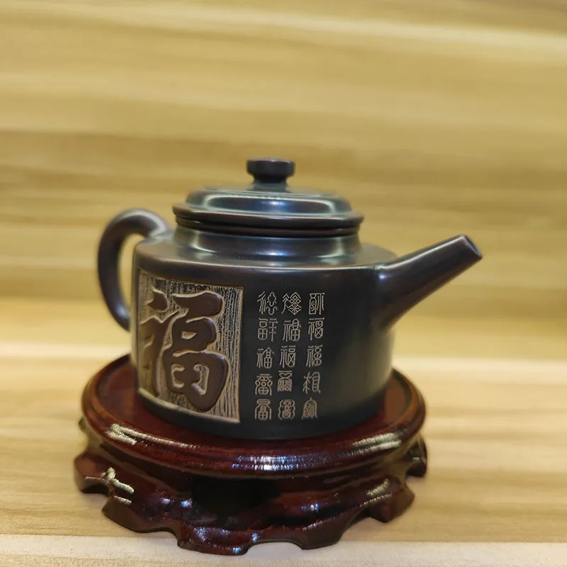 Hand Carving Qinzhou Nixing Pottery Dezhong Teapots with Good Luck  Baifu on Nixing Ceramic Teapot 200cc-220cc LiupaoTea