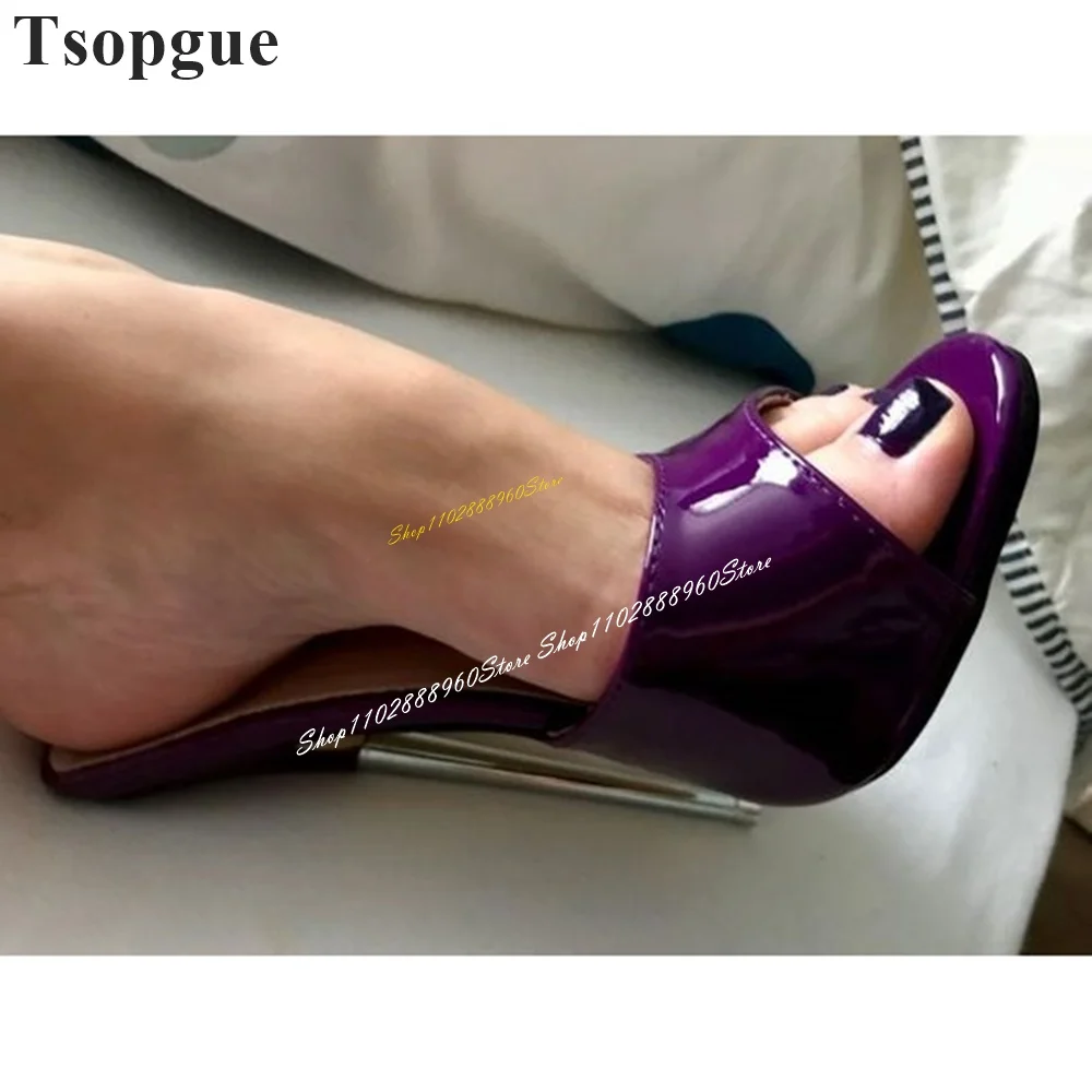 Luxury Purple Patent Leather Metal Heel Slippers Thin High Heel Women Shoes Slip On Peep Toe 2024 Fashion Zapatos Para Mujere