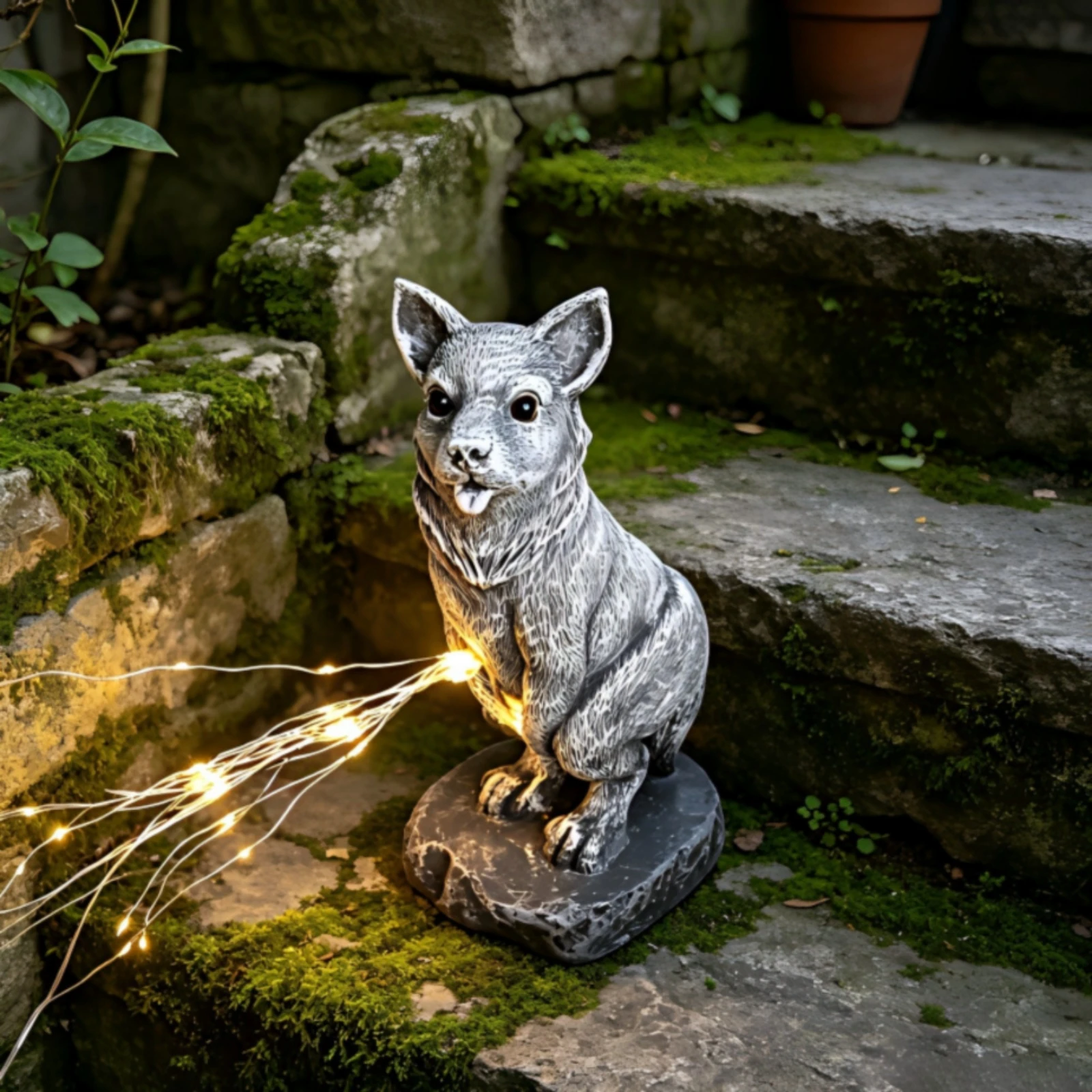 

Lighted Dog Statue Gray Finish Resin Dog Statue Yard Ornament LED Lights Garden Decor for Patio