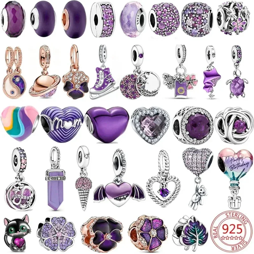 925 Sterling Silver Roxo Murano Charme Bead, Pansy Flor Dangle, se encaixa Colar Pandora Original, Presente da Jóias, Dia das Mães, Novo