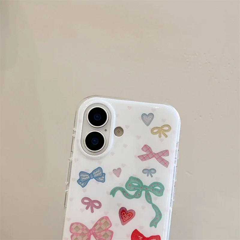 Custodia per telefono Bowknot di colore coreano di moda per iPhone 17 Pro 16 15 14 Pro Max Cover posteriore con cinturino a catena Simpatico cartone animato protettivo C