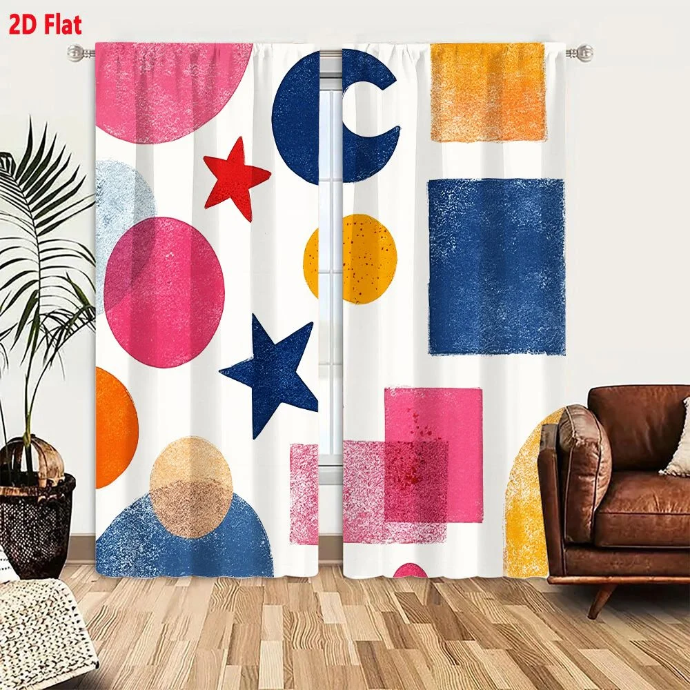2Pcs Curtains 2D Flat Vibrant Abstract Geometric Shapes Art Retro Modern Pink Blue Orange Yellow Textile Design Window Drapes fo