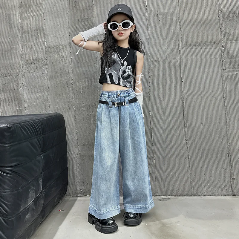 

Girls' Denim Pants, Spring and Summer Styles, 2024, New Western-style Children's Fashionable Summer Casual Wide Brimmed Jeans