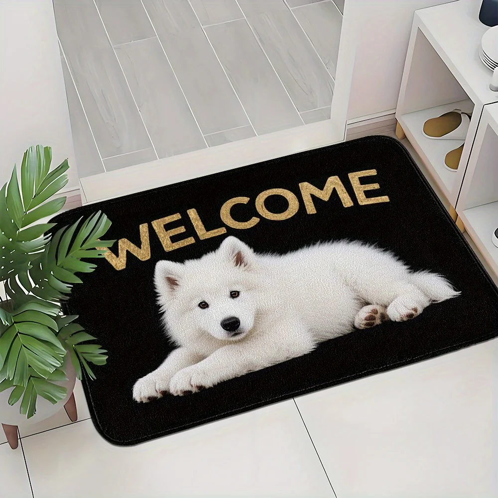 1pc Flannel Doormat, Outdoor Indoor Welcome Mat for Front Door, Samoyed Dog Souvenir and Holiday Gift, with Cute Puppy and WELCO
