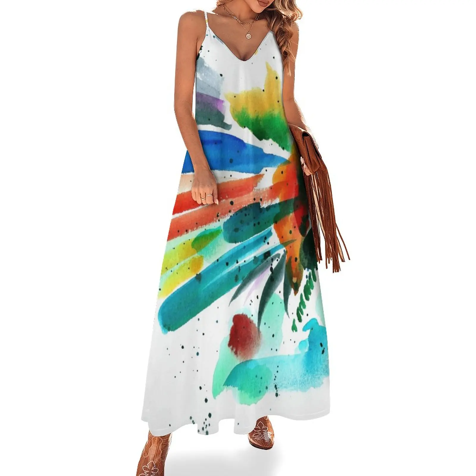 Colorful Abstract Splash IN Watercolor Painting Sleeveless Dress Clothing elegant women's sets Long dresses