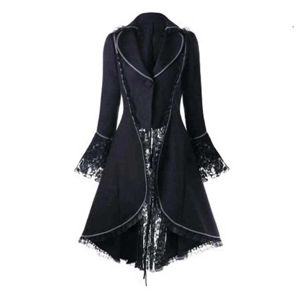 

Ladies Lace Trim Lace-up High Wait Coat Solid Color Steampunk Victorian Style Gothic Jacket Medieval Noble Court Plus Size Coat