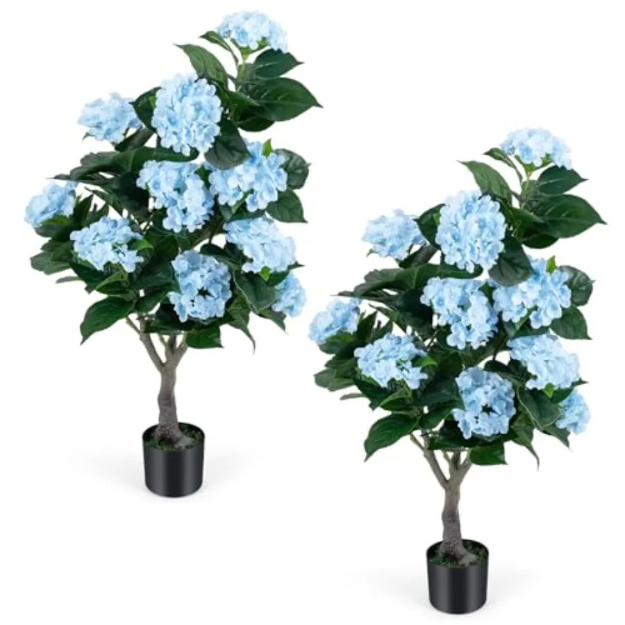 Artificial Hydrangea Tree for indoor home office living room use, plastic trunk with 11 white silk flowers in nursery pot, real