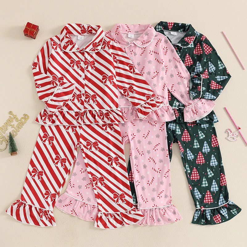 Children Kids Baby Girls Christmas Pajamas Sets Tree/Candy Cane/Bow Print Shirts Tops Long Pants 2 Pieces Lounge Suit Sleepwear