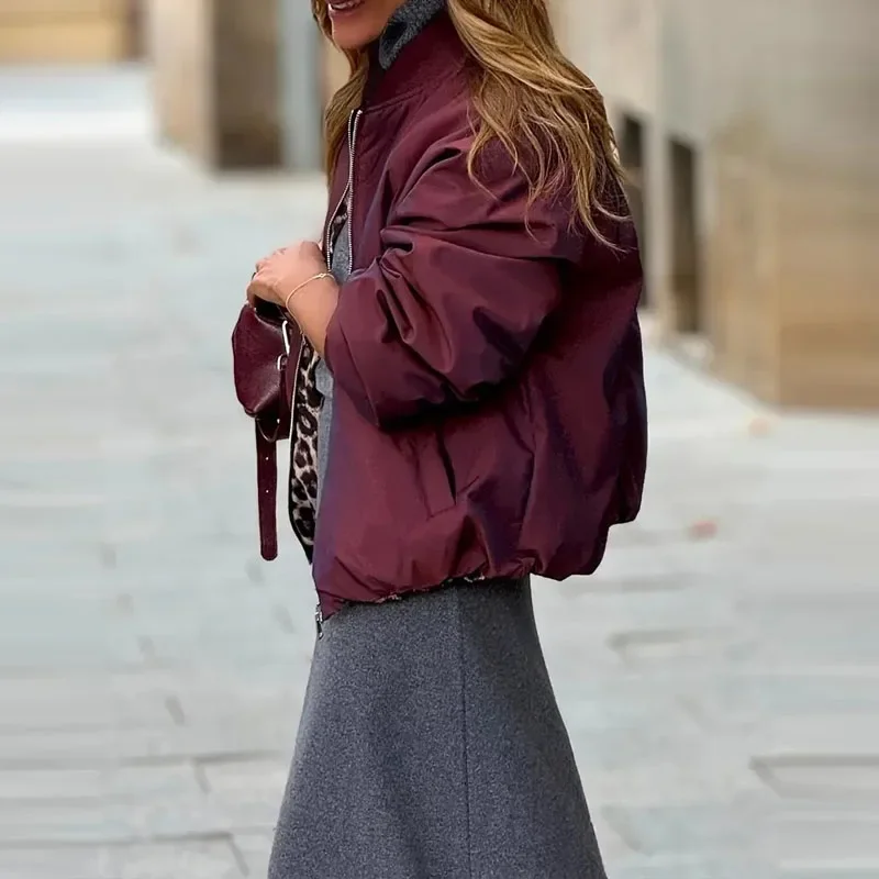 

Модная двусторонняя бейсбольная куртка, женская повседневная короткая верхняя куртка с круглым вырезом и длинными рукавами, осень-зима, элегантные свободные пальто на молнии с принтом