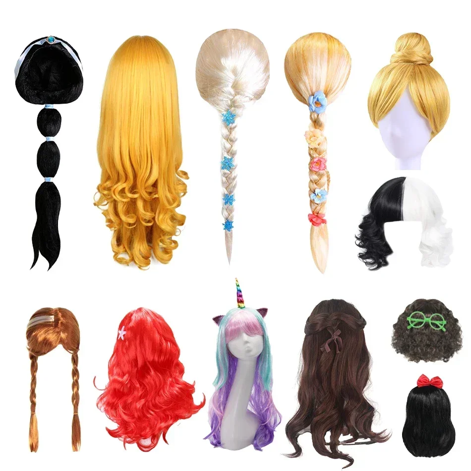 Fancy Girl Princess Elsa Anna Wig Children\'s Birthday Party Carnival Disguised Child Mermaid Rapunzel Aurora Snow White Hair