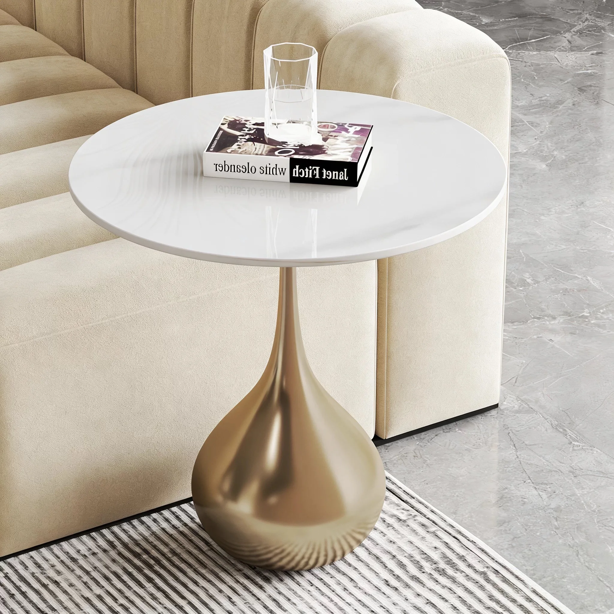 #Minimalist Italian Style Side Table, Sintered Stone Top with Gold Vase Base for Bedroom Hotel