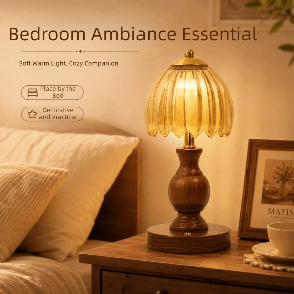 Walnut Wood Tone Retro Glass Table Lamp Glass Lampshade Amber Horizontal Pattern Vintage Glass Table Lamp