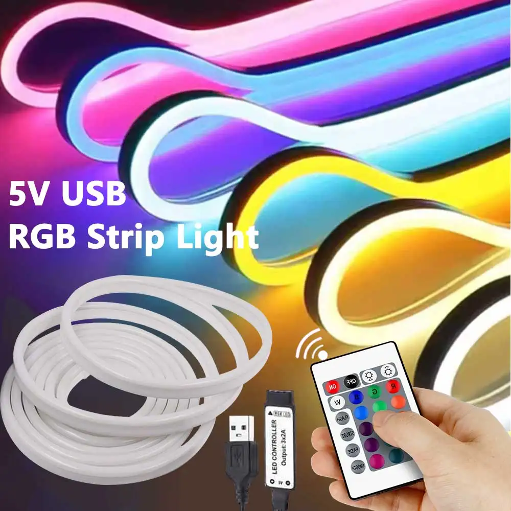 

5V LED Neon Light RGB Strip Flexible Silicone 1M Remote Control Waterproof SMD 3535 Flexible Tape 108Leds/M Decor for Room