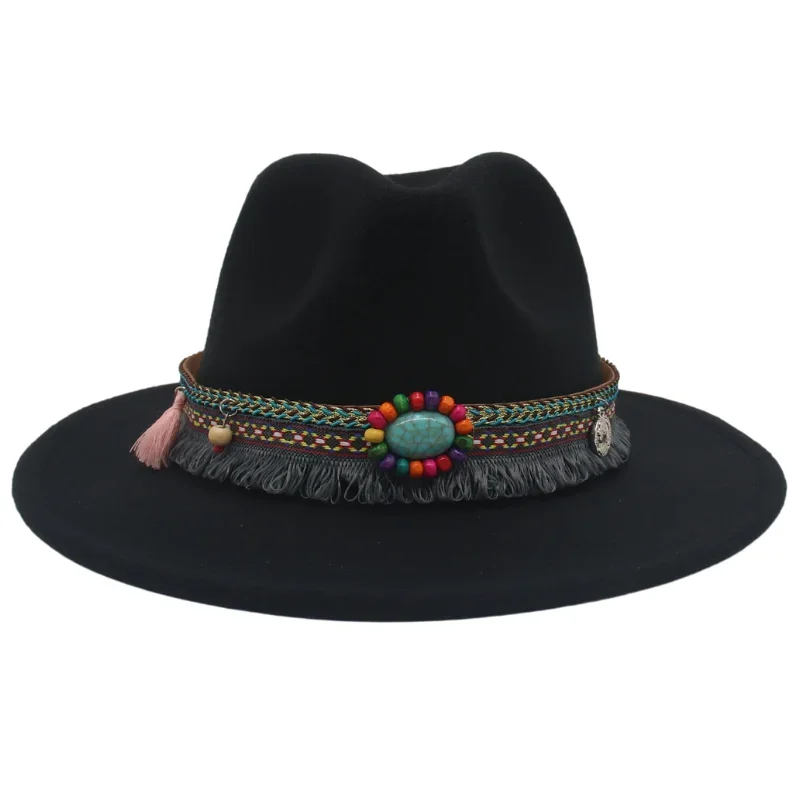 Nuevo sombrero fedora de ala ancha de baile de estilo étnico Sombrero de fieltro casual de lana de imitación de mujer de 52-62 cm sombrero