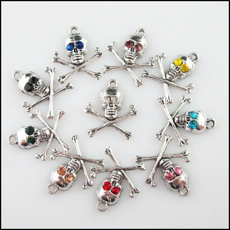 Fashion 10Pcs Mixed Crystal Tibetan Silver Plated Halloween Skull Charms Pendants 21x23.5mm