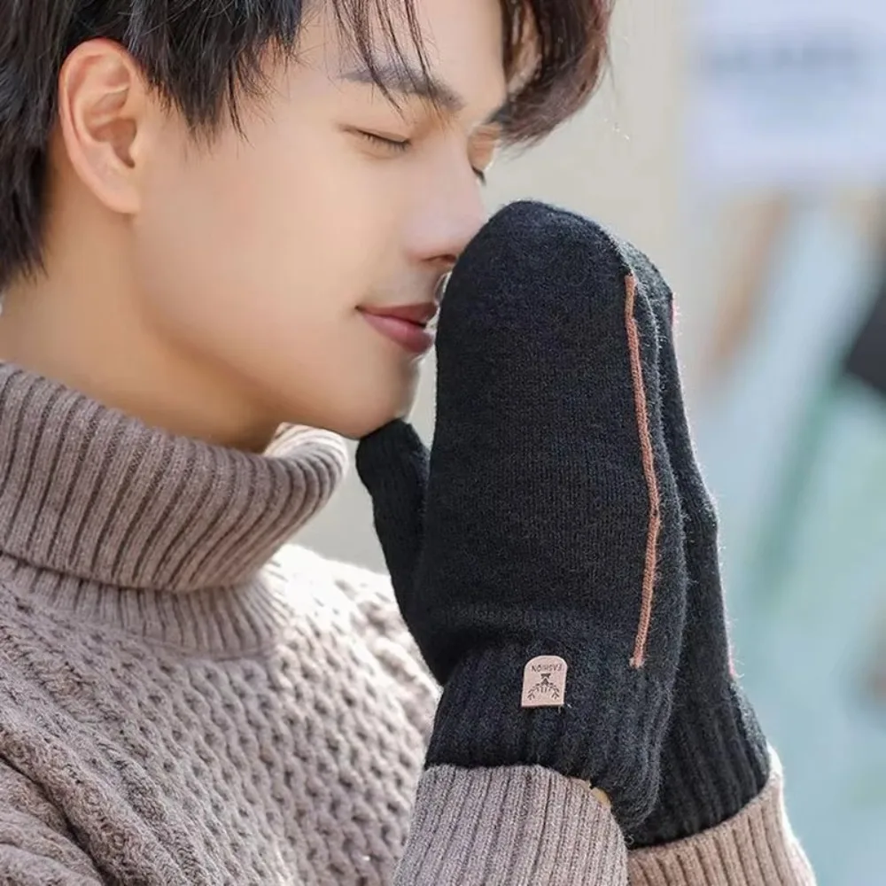 Duurzame gebreide herenhandschoenen Fluwelen dubbellaagse vingerwanten Verdikte winterhandschoenen Heren