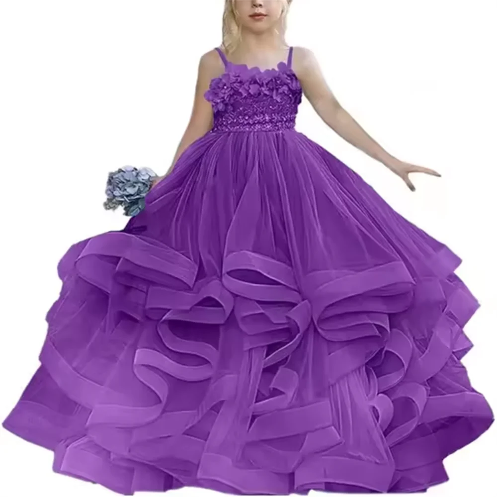 Staubige blaue Blumenmädchenkleider für die Hochzeit, Robe de Soirée de Mariage, Kinder-Festzug-Kleider, Tüll, gerüschtes Erstkommunionkleid