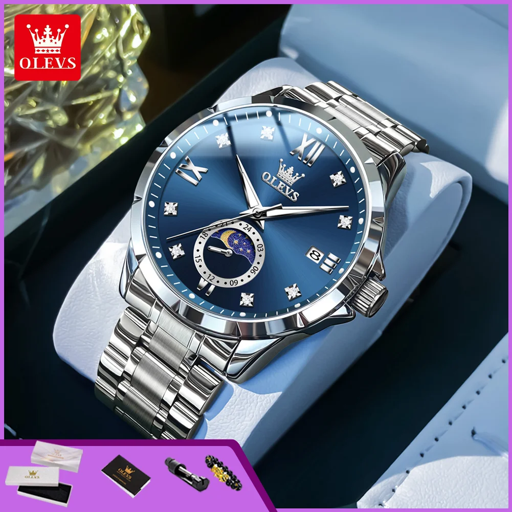 OLEVS 2956 Business Men's Wristwatch Original Solid Steel Strap 24 Hour Moon Phase Date Luminous Luxury Classic Man Dress Watch