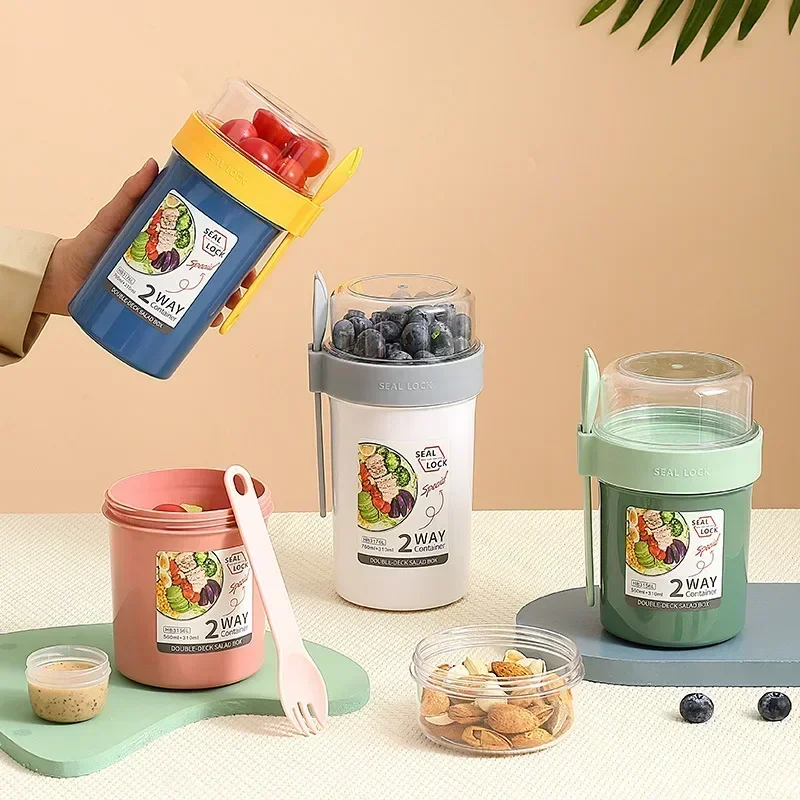 Taza para Ensalada y Avena de 790ml/990ml, Taza Doble para Desayuno, Contenedor para Cereales, Frutos Secos y Yogur con Soporte para Aderezos y Tenedor, para Preparación de Comidas