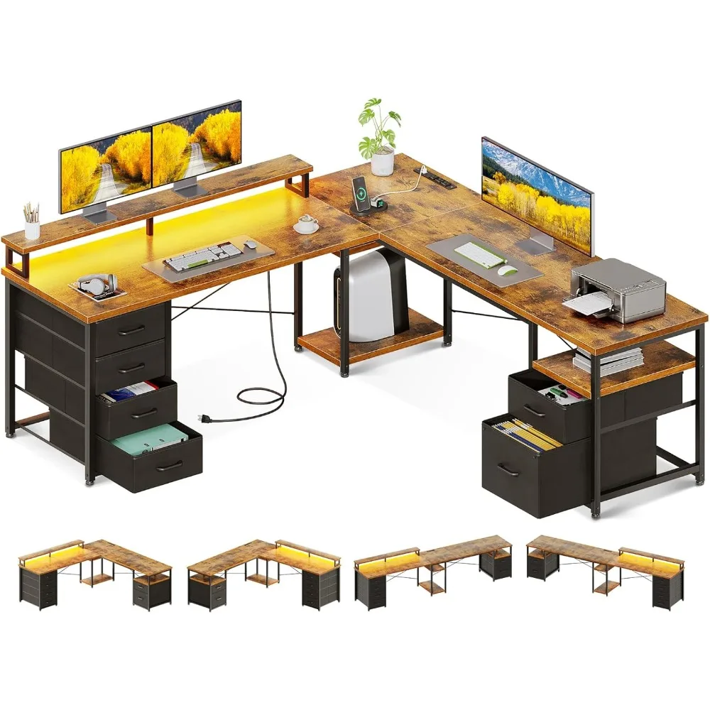 

66 L Shaped Computer Desk, 113 Reversible Home Office Desk with File Cabinet & 4 Fabric Drawers, Two Person Desk with LED Lights