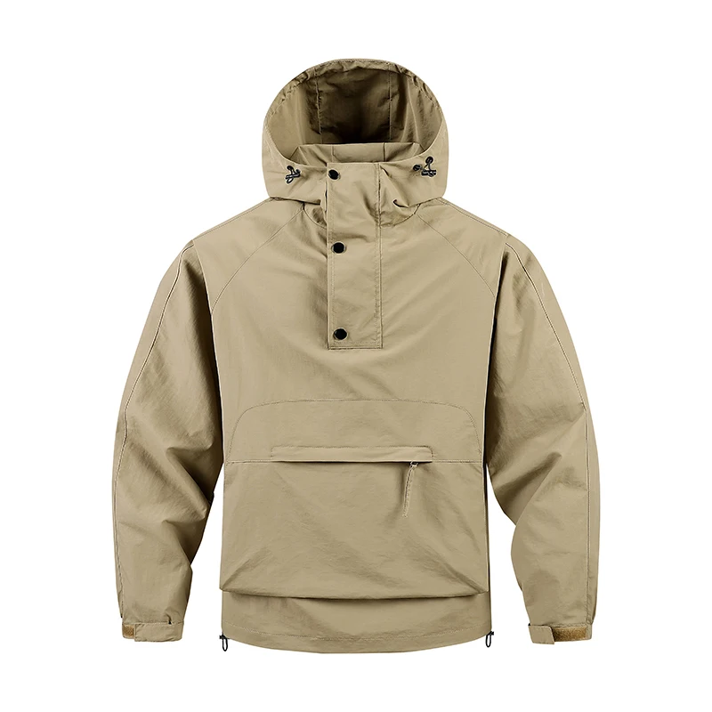Herren Wanderjacke mit Halbem Reißverschluss und Kapuze, Wasserdichte Camping-Jacke mit Kordelzug, Outdoor-Reisejacke für Herbst und Frühling, Arbeits- und Cargomantel