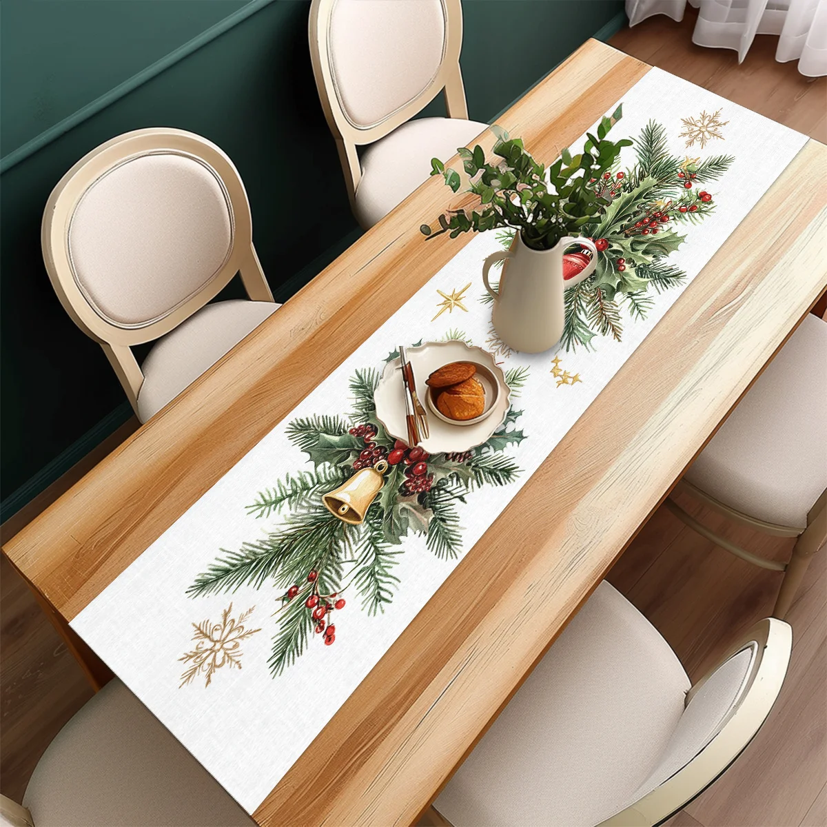 1 Christmas Holly Bell Table Runner 2D Printed With Snowflakes for Holiday Dining Table Decor Christmas Gatherings Home Styling