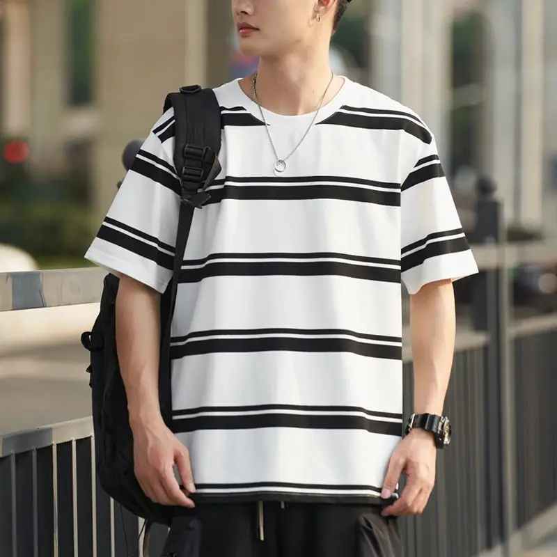 Japanese Fashion Men's Stripe Oversize T-shirt Men's And Women's 2024 Summer New Cotton Weight 240G Versatile Couple Clothes