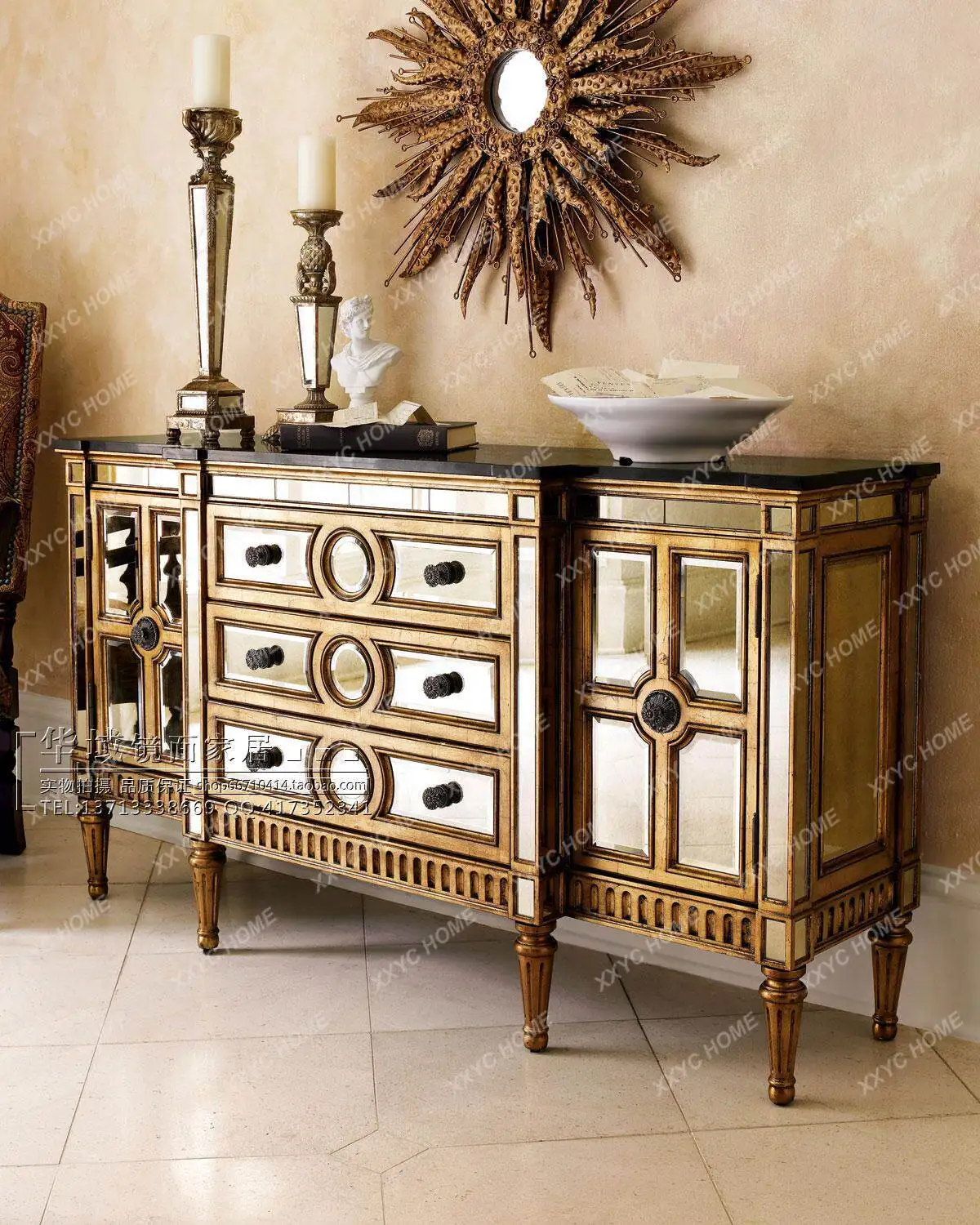 Neoclassical side cabinet entrance, locker, retro and old mirror furniture cabinet