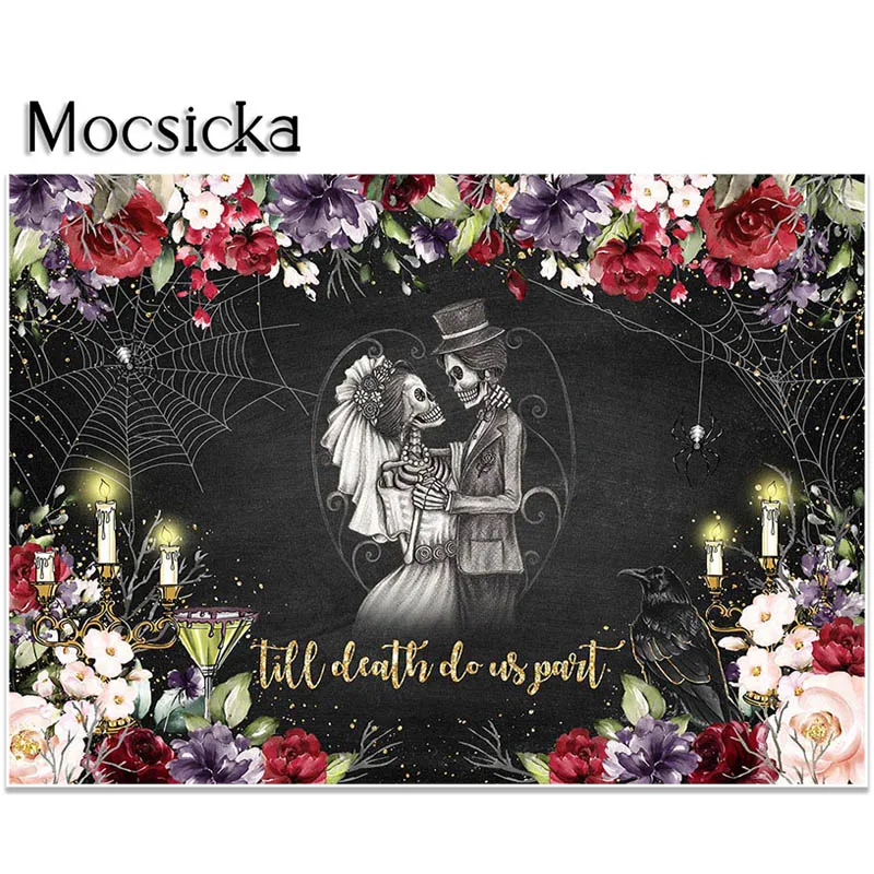 Mocsicka Aniversário de Casamento Pano de Fundo Até Que A Morte Nos Separe Fundo Do Crânio Preto Adulto Retrato Photo Studio Prop Bandeira Do Partido