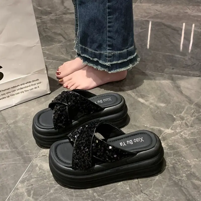 2024 NEW Bling Woman Platform Sandals Ladies Elegant Medium Women's Shoes Flats Summer Sandals Women Designer Shoes slippers