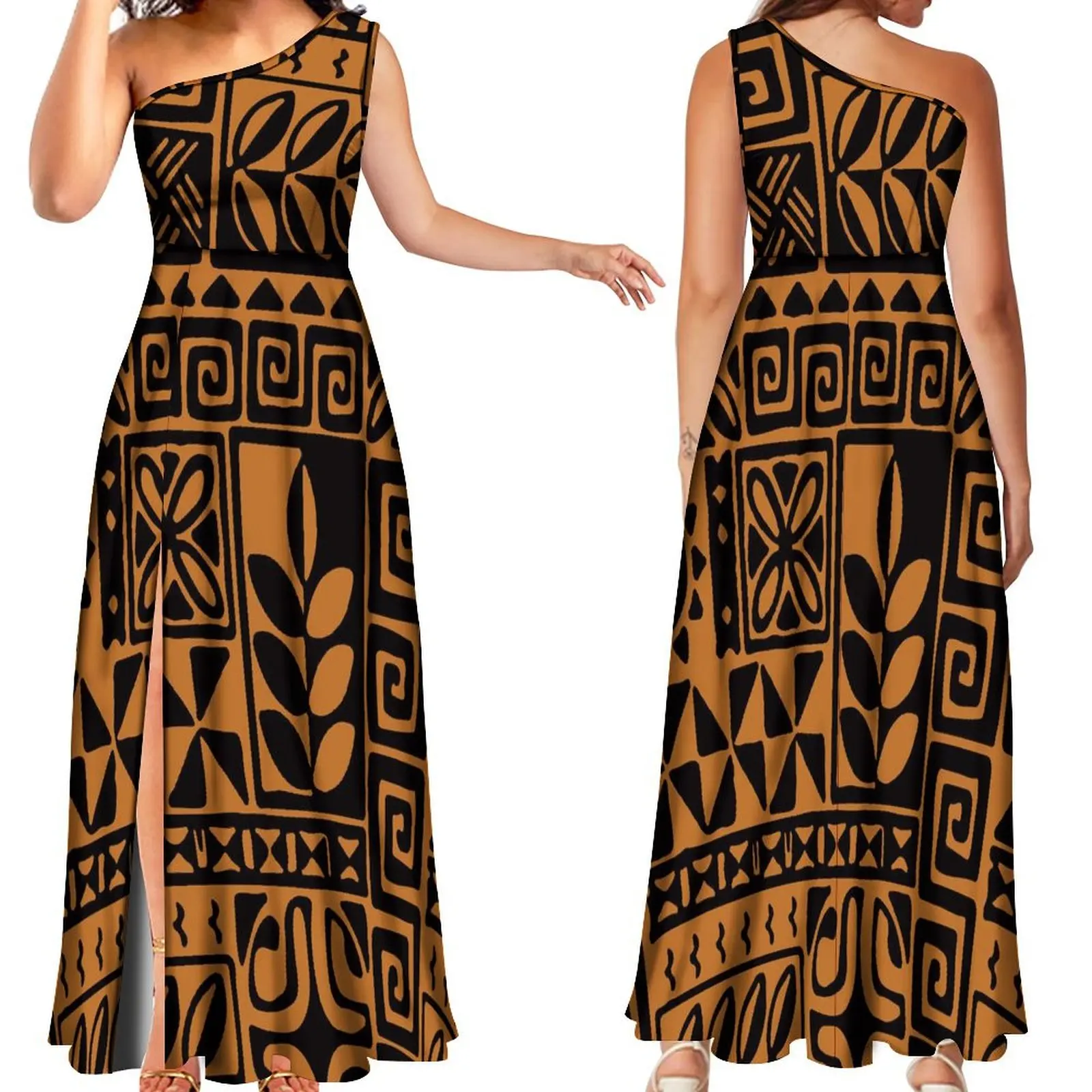 Custom Women'S Dress Off-The-Shoulder Slit Maxi Ball Show Holiday Party Fashion Dress Polynesian Island Design Art Print