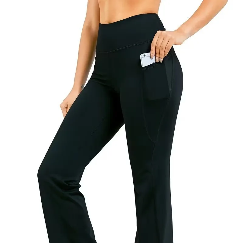 Women High Waist Bootcut Yoga Pants Side Phone Pockets Tummy Control Stretch Flared Workout Trousers