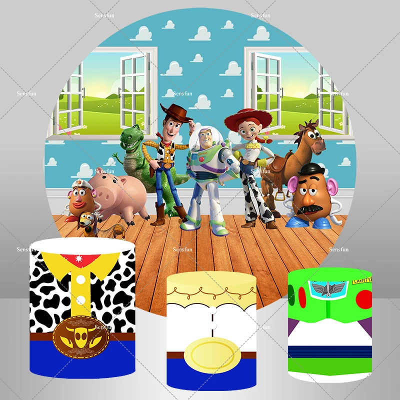 Cartoon Toy Story Round Backdrop for Photography Sky Blue Clouds Baby Shower Boys Happy Birthday Party Background Cylinder Cover